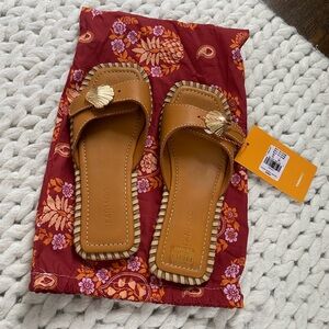 FARM Rio Tan Leather Sandals with Gold Accent